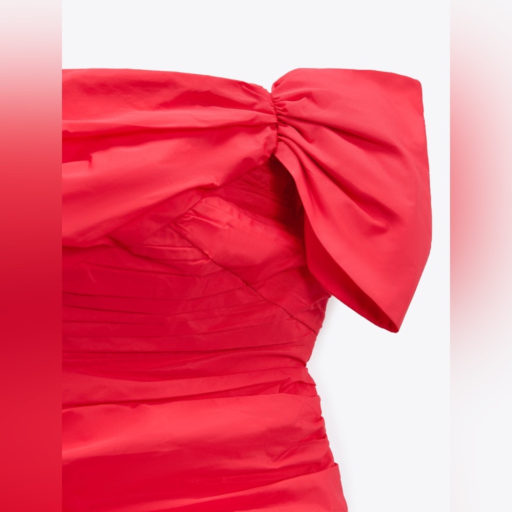Zara Strawberry Red Ruched Mini Dress with Bow “Bloggers Fave” - Picture 7 of 11